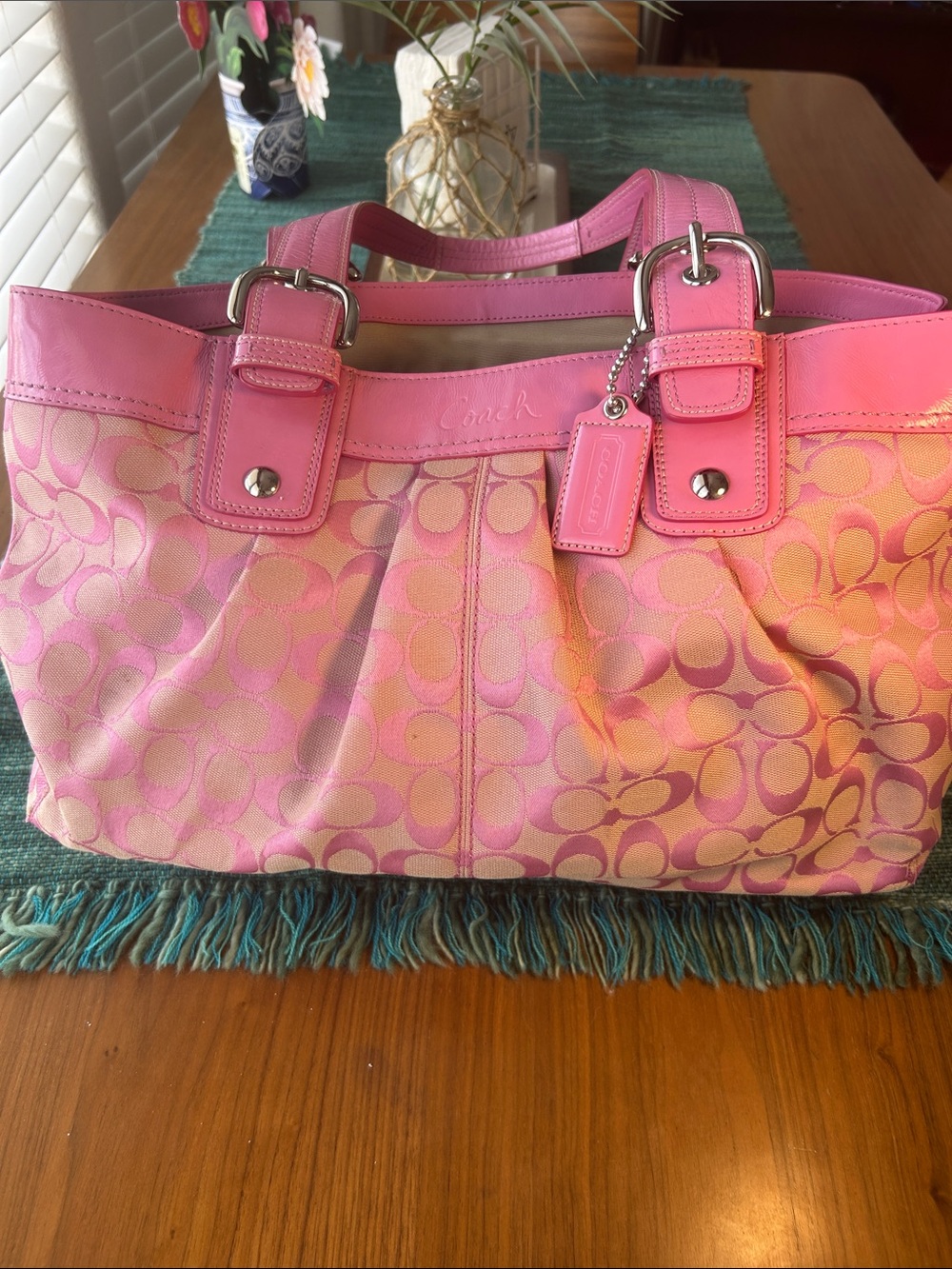 Coach Pink SoHo Pleated Signature Jacquard Tote with patent Leather Trim